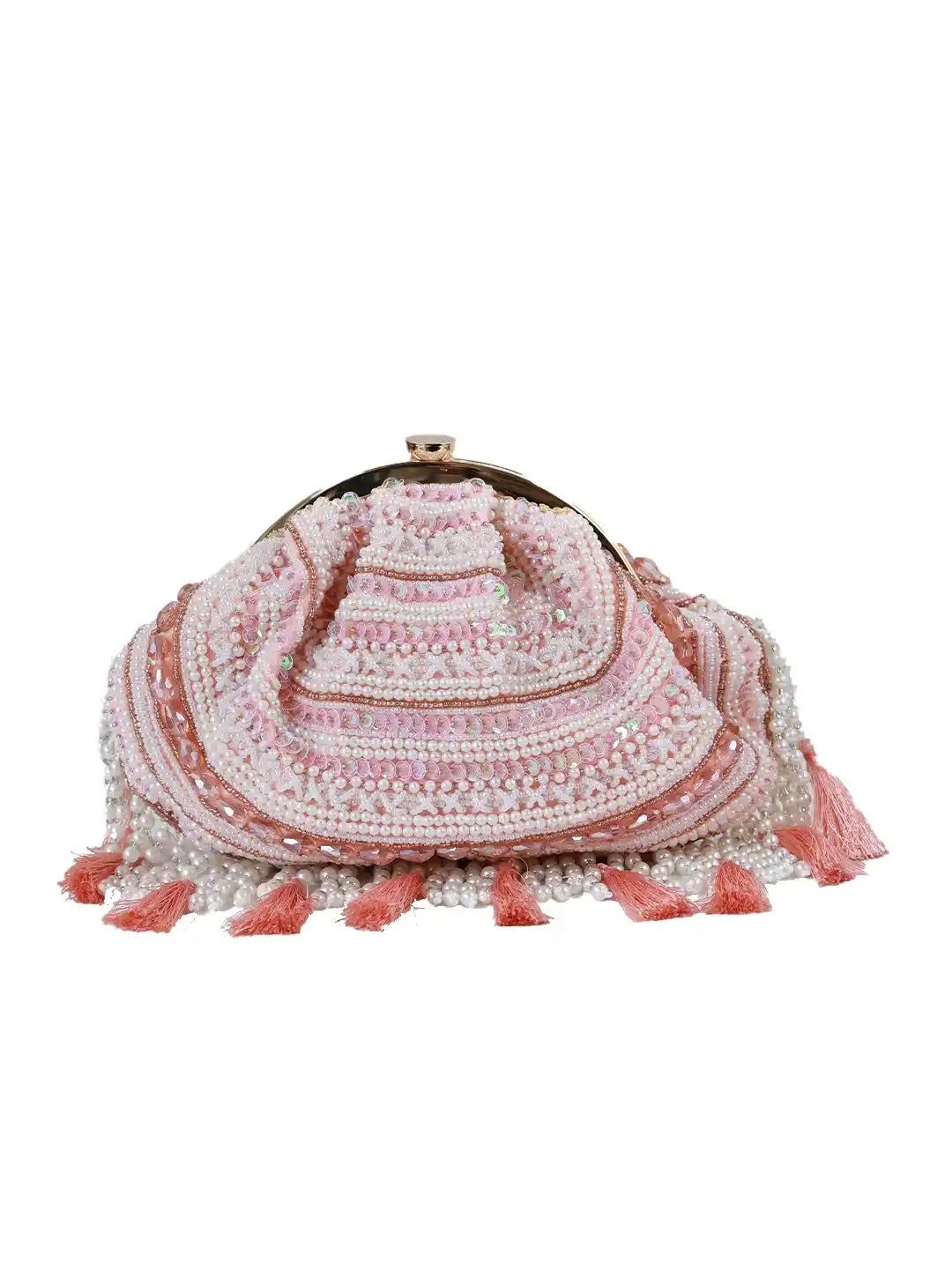 Pink and white beaded handbag with tassels on a white background