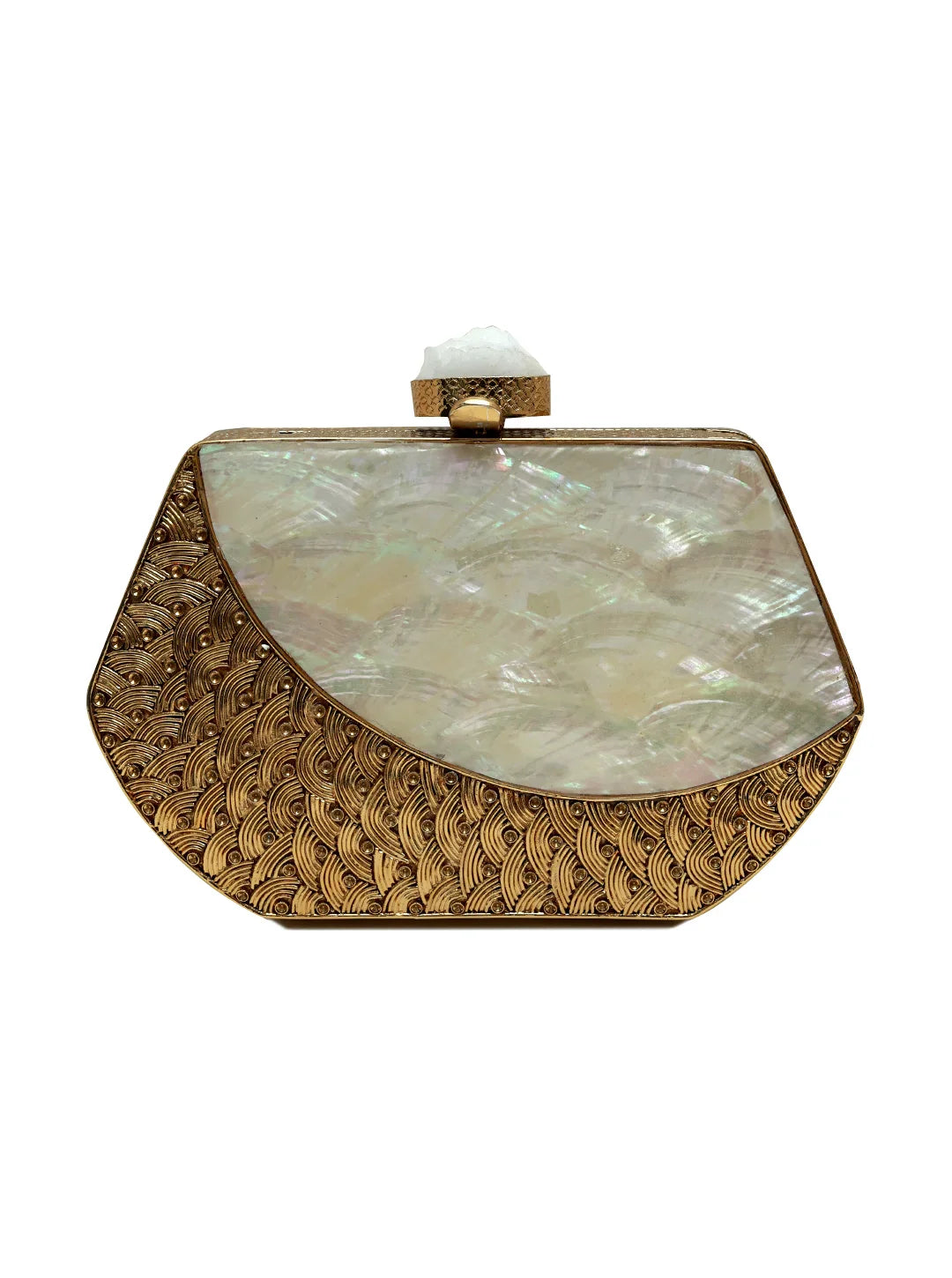 Decorative clutch with gold patterns and a white stone on a white background