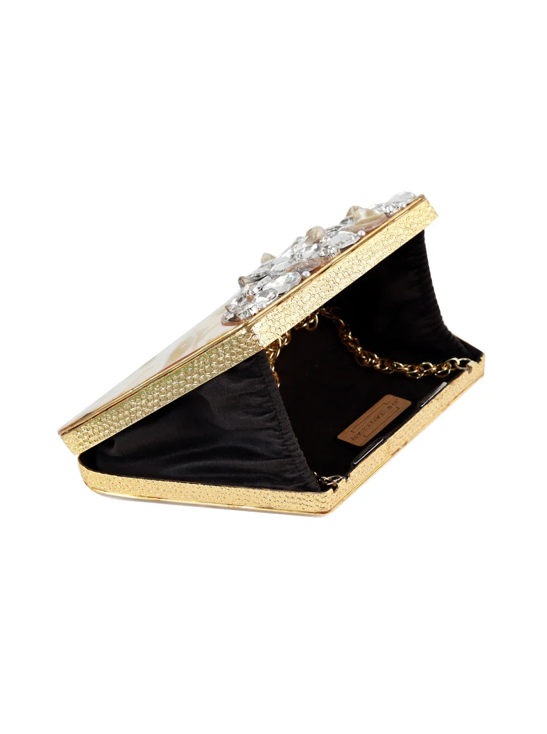 Gold clutch with crystal embellishments on a white background