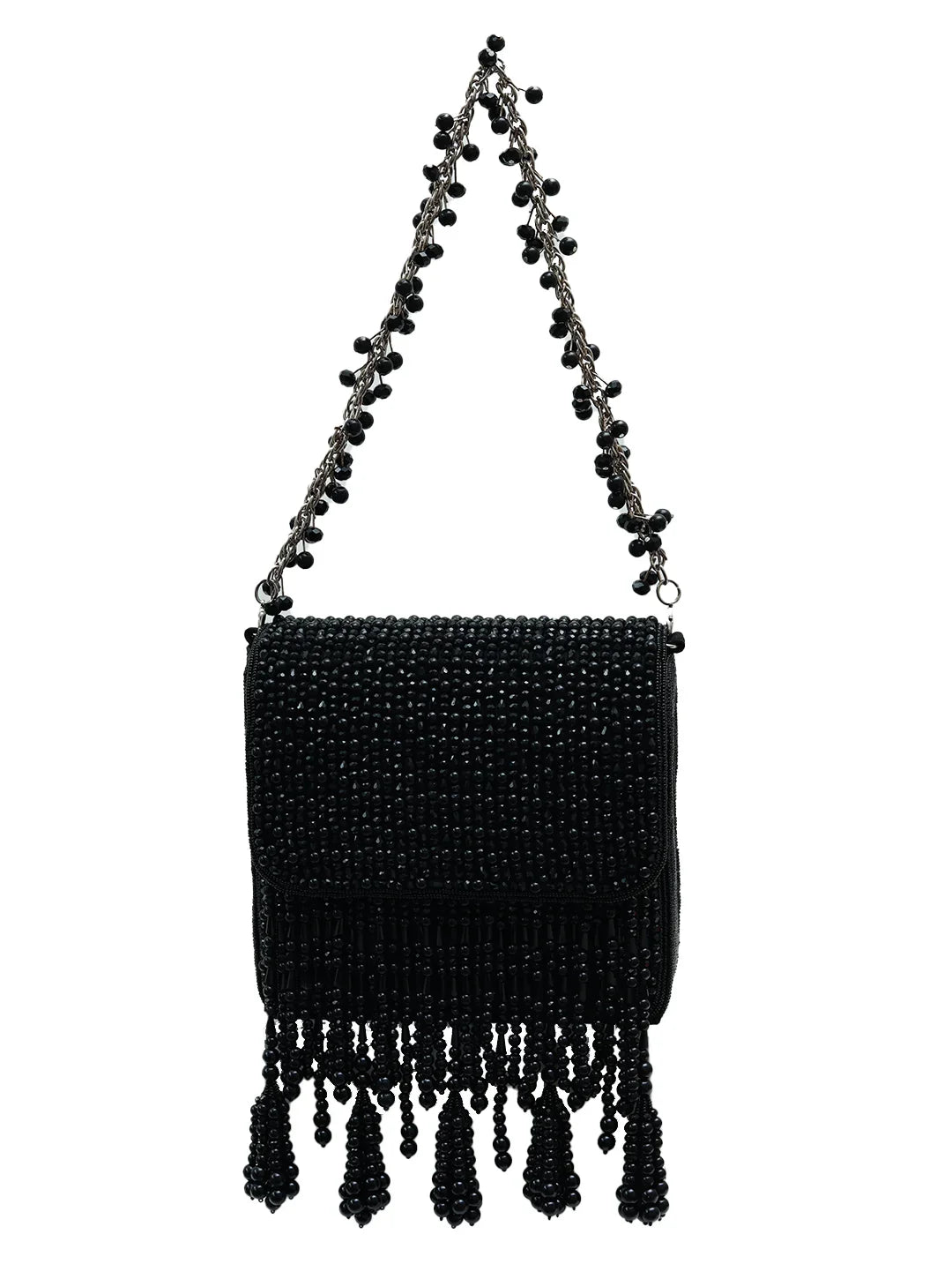 Black beaded handbag with tassel details on a white background