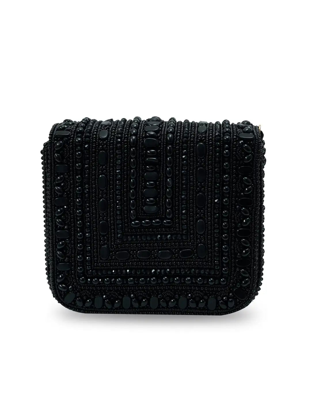 Black beaded clutch bag on a white background