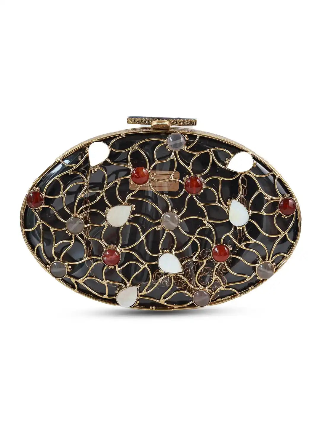 Decorative oval compact mirror with intricate design on a white background