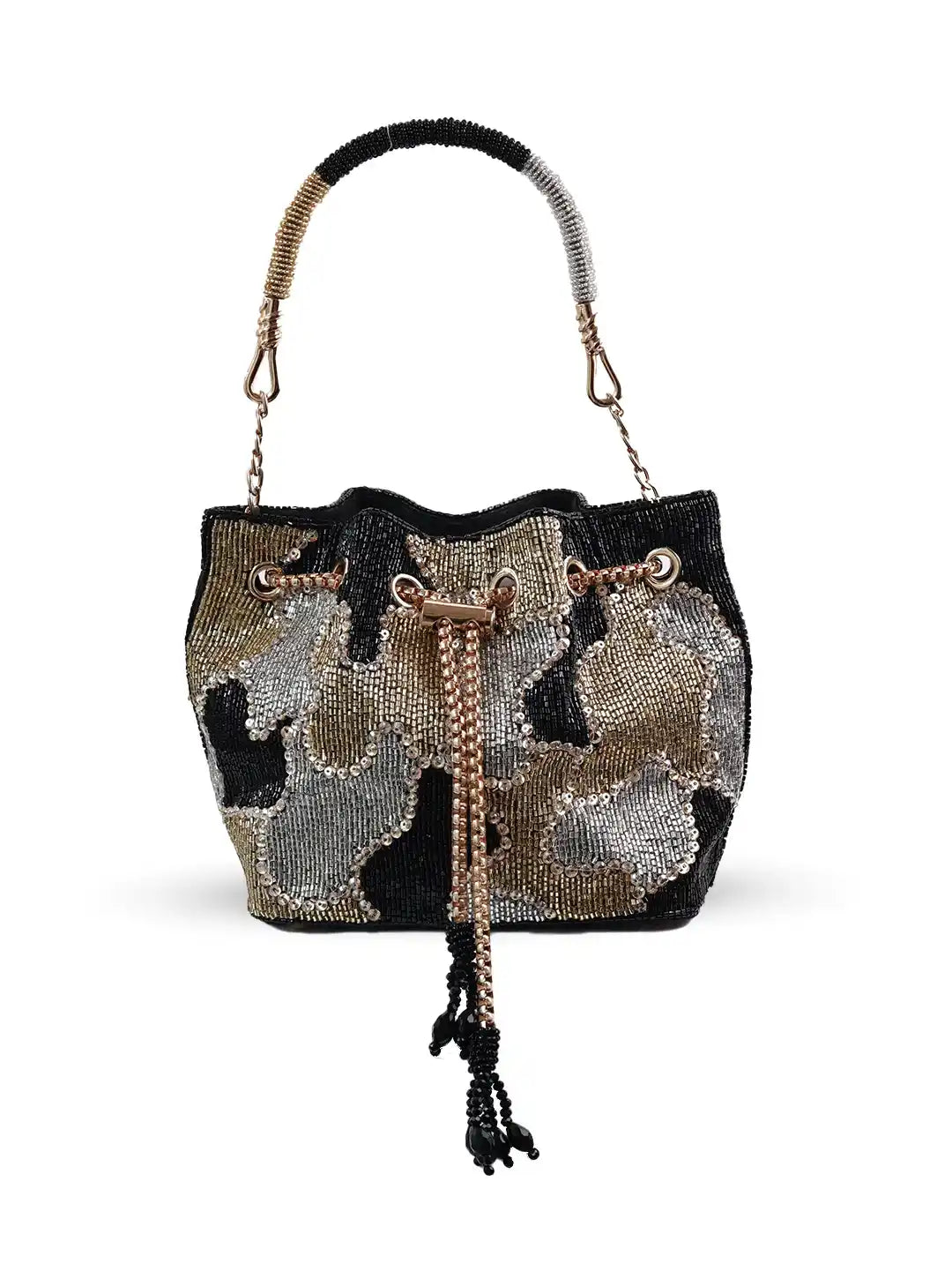 Camouflage patterned handbag with drawstring on a white background