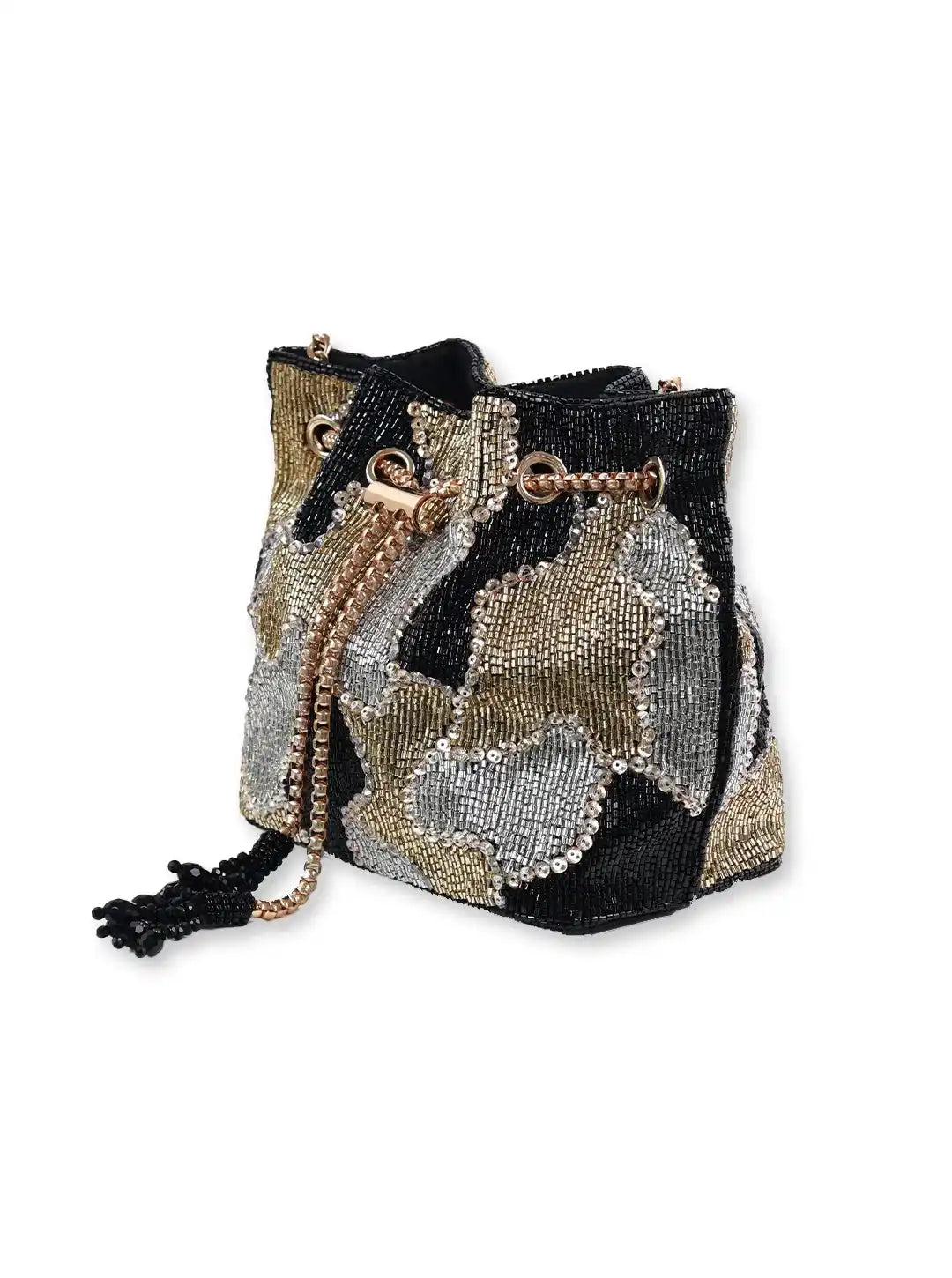 Beaded handbag with black, gold, and silver design on a white background