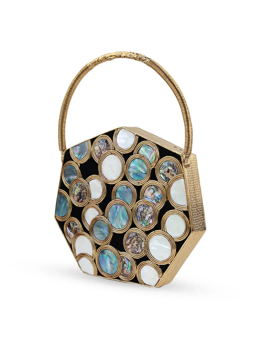 Hexagonal handbag with gemstone-like circular patterns on a white background
