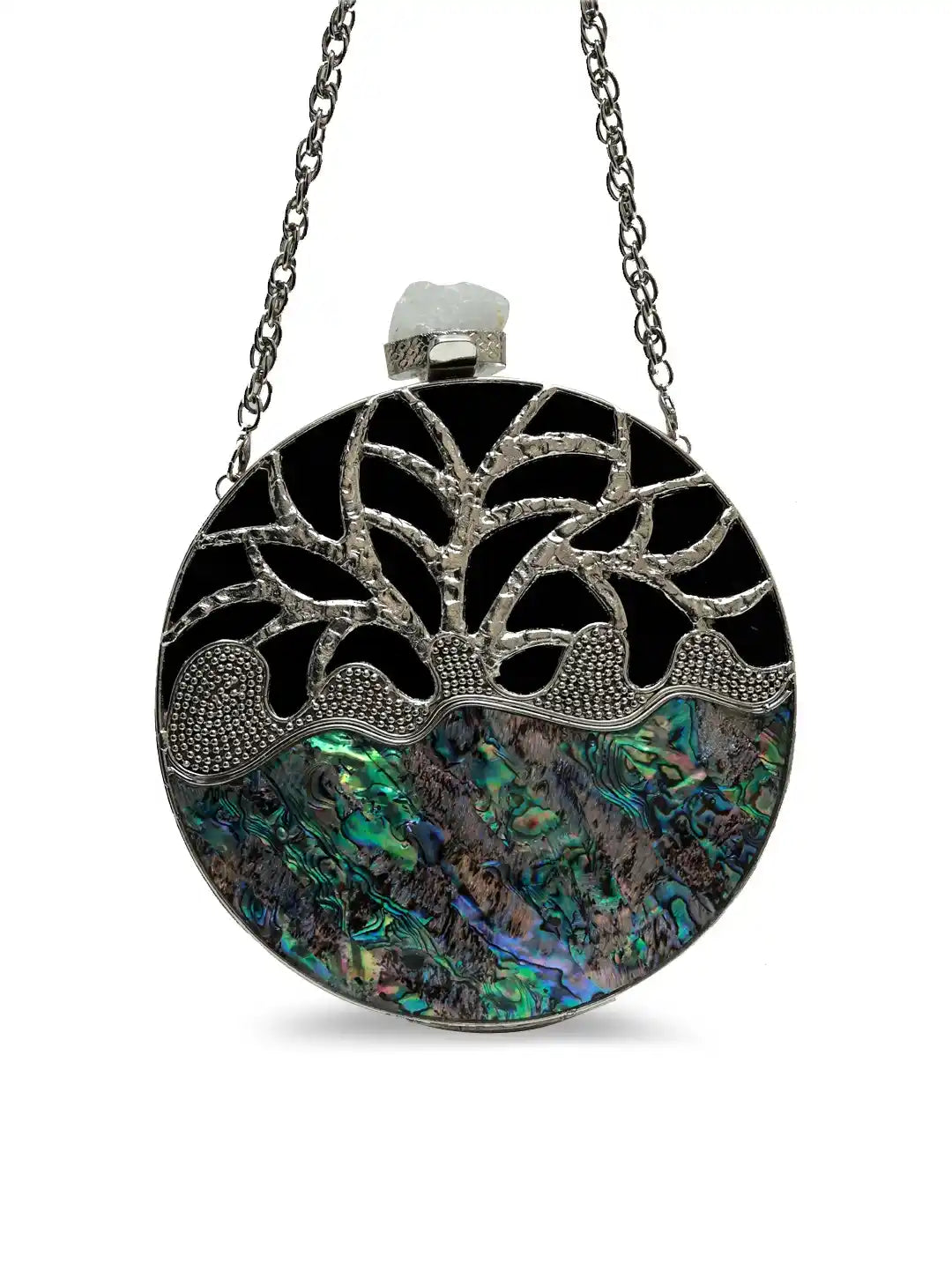 Round pendant with tree design and multicolored stone on a white background