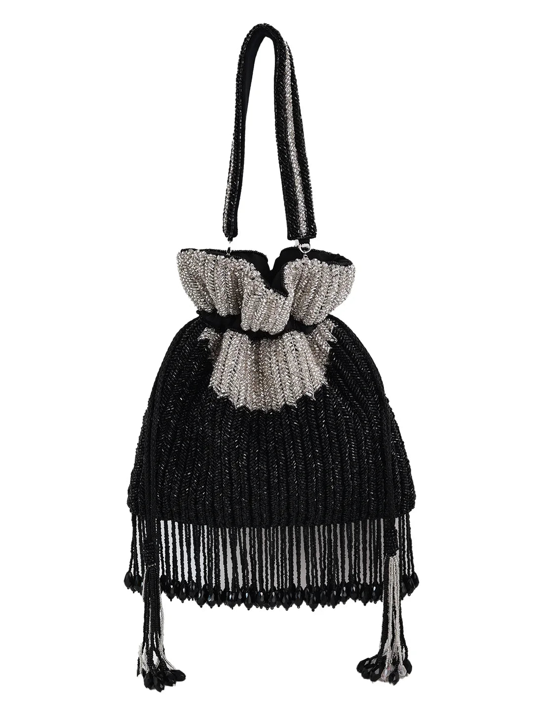 Black beaded handbag with ruffled top on a white background