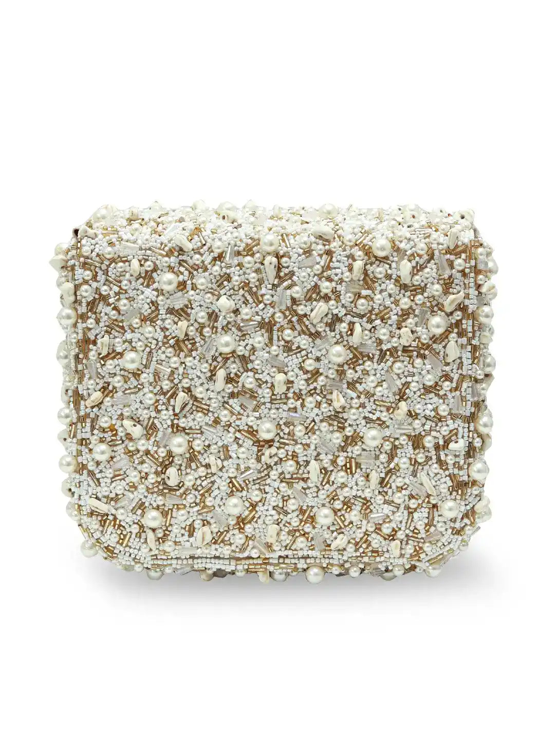 Pearl and crystal clutch bag on a white background