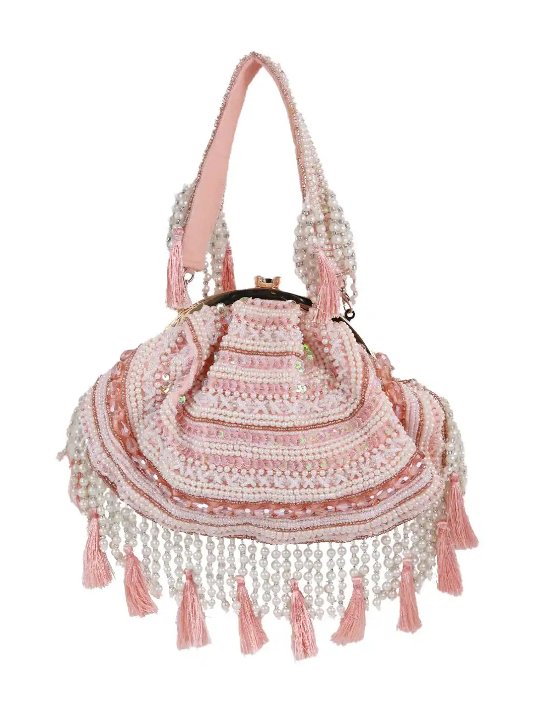 Pink beaded handbag with tassels on a white background
