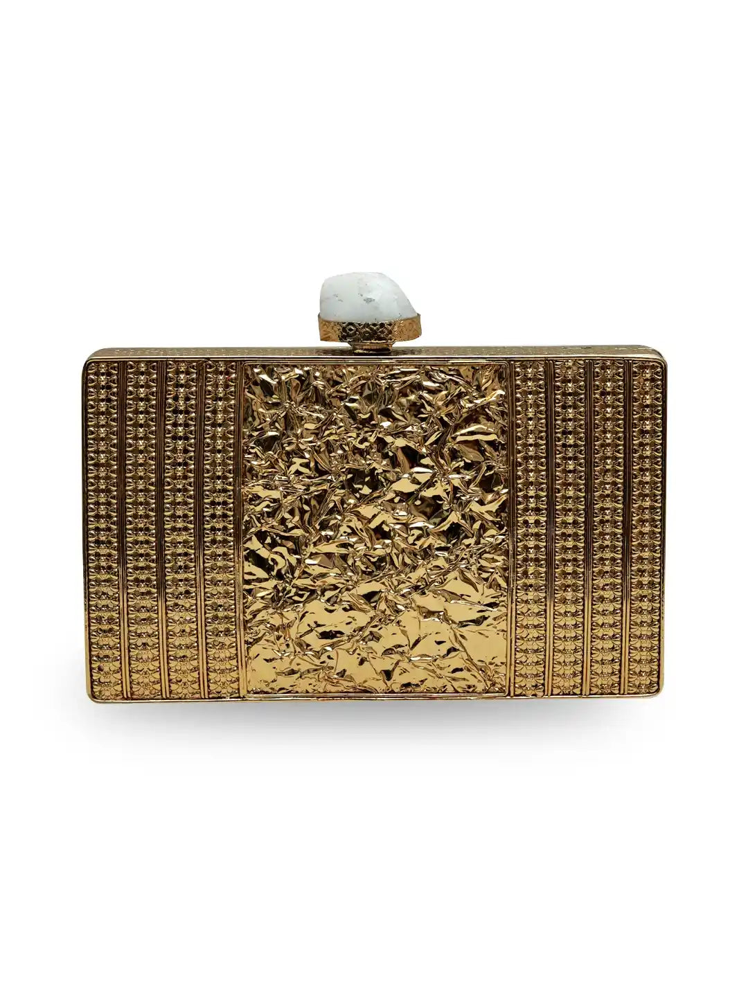 Gold clutch with intricate design on a white background