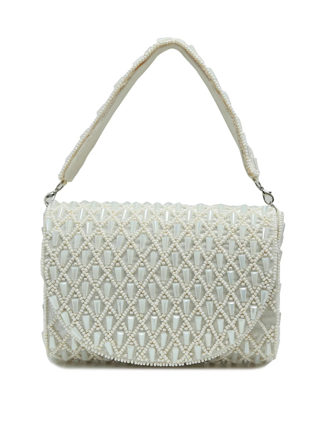 White beaded handbag on a white background