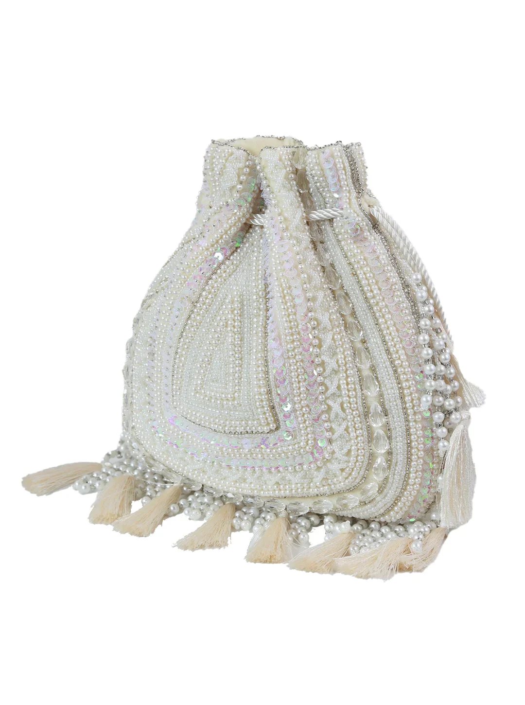 Decorative bag with pearls and tassels on a white background
