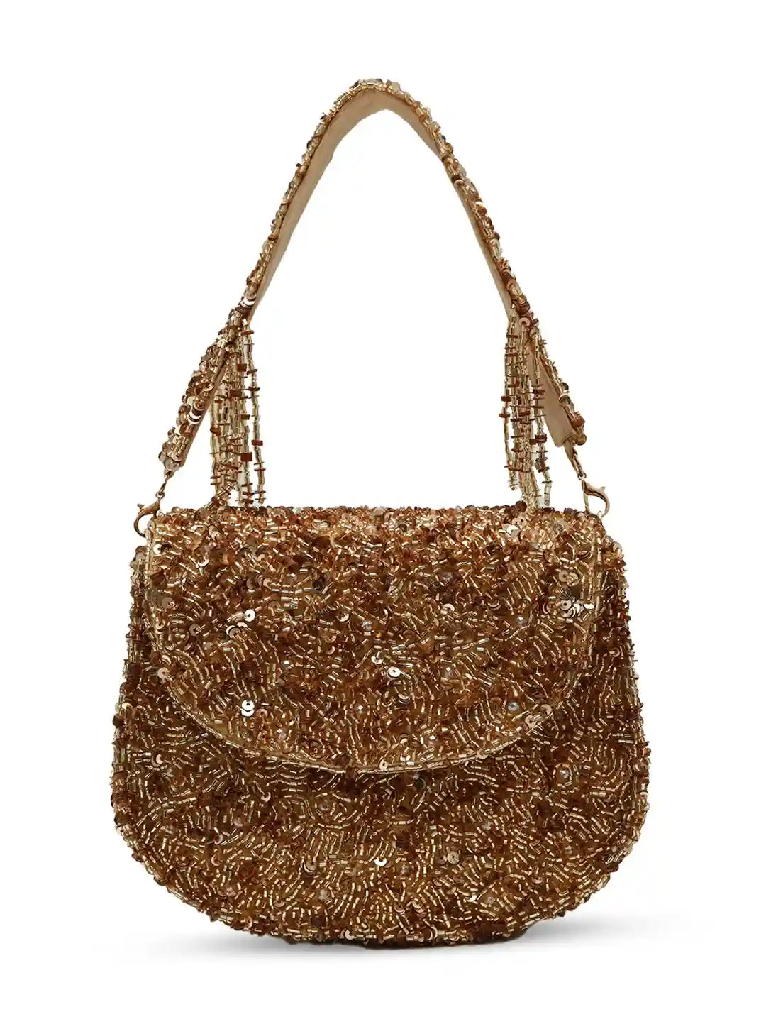 Gold beaded handbag on a white background