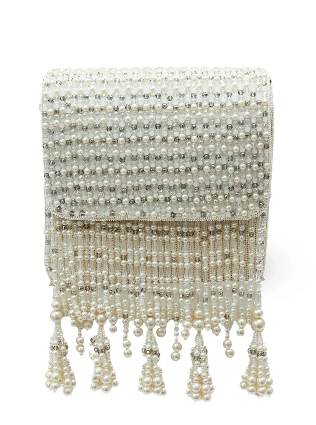 Pearl beaded clutch bag on a white background