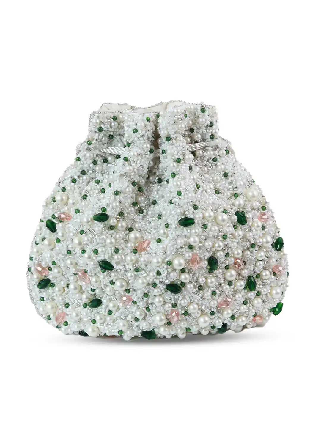 Decorative pouch with pearls and green stones on a white background