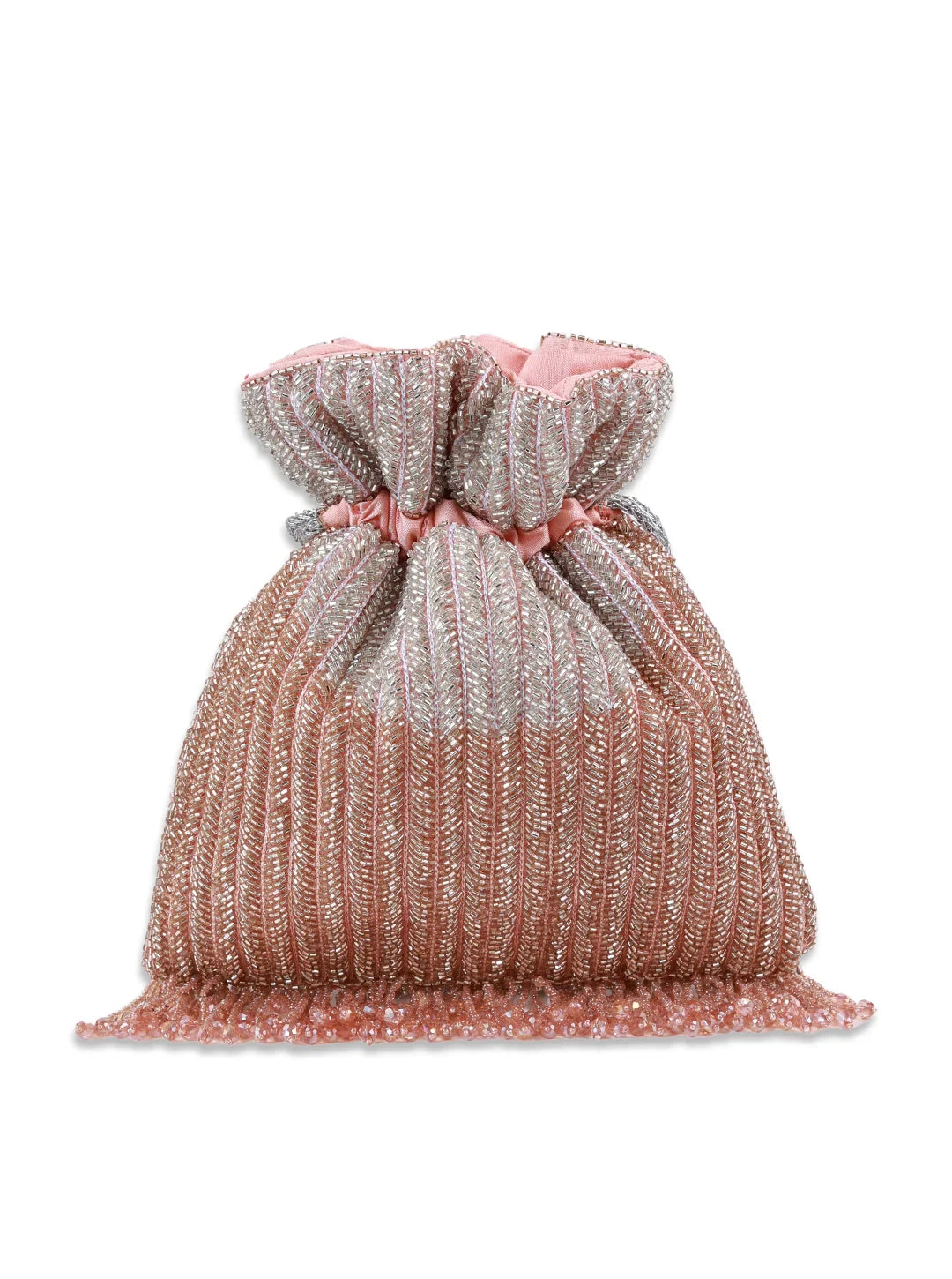 Drawstring bag with glittery texture and pink top on a white background