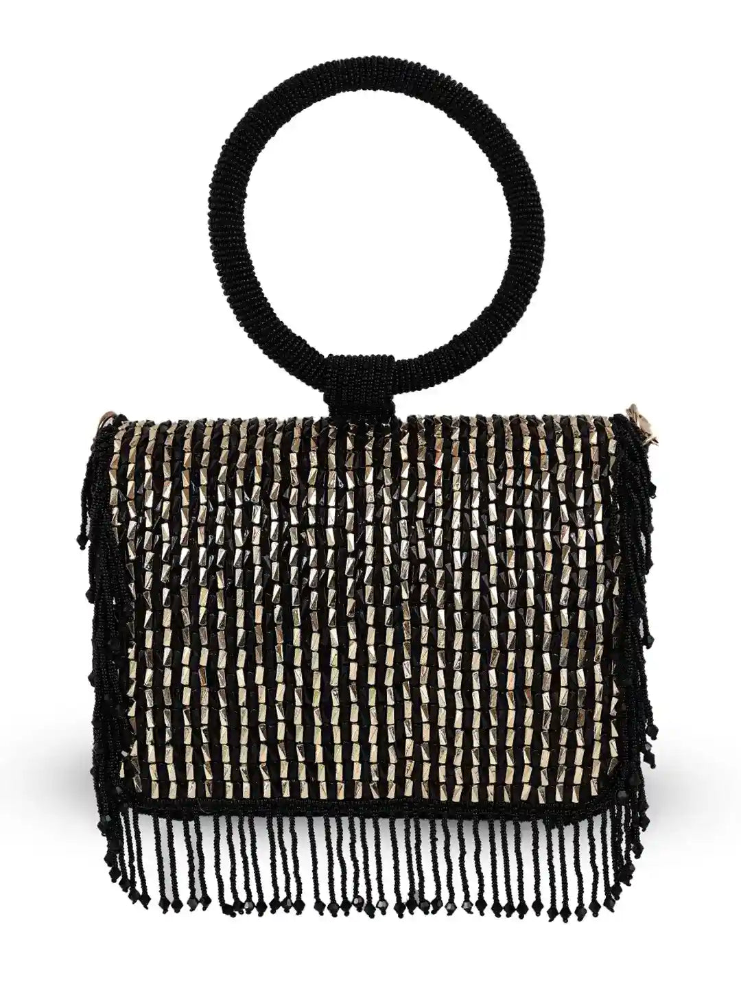 Black woven handbag with fringe details on a white background