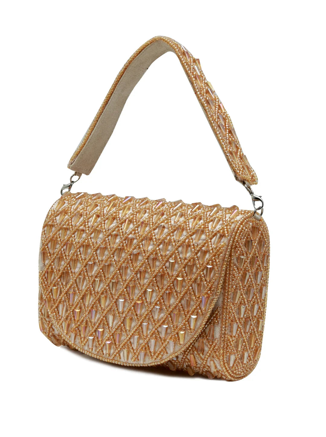 Woven handbag with a textured handle on a white background