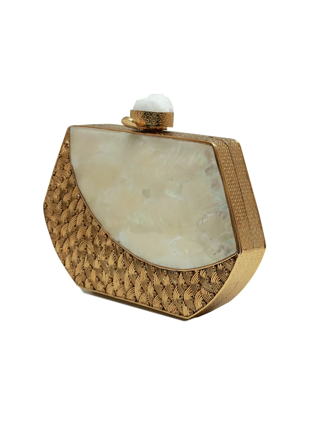 Gold and stone clutch purse on a white background