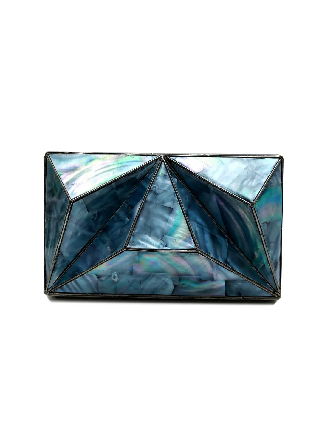 Geometrically shaped jewelry box with iridescent finish on a white background