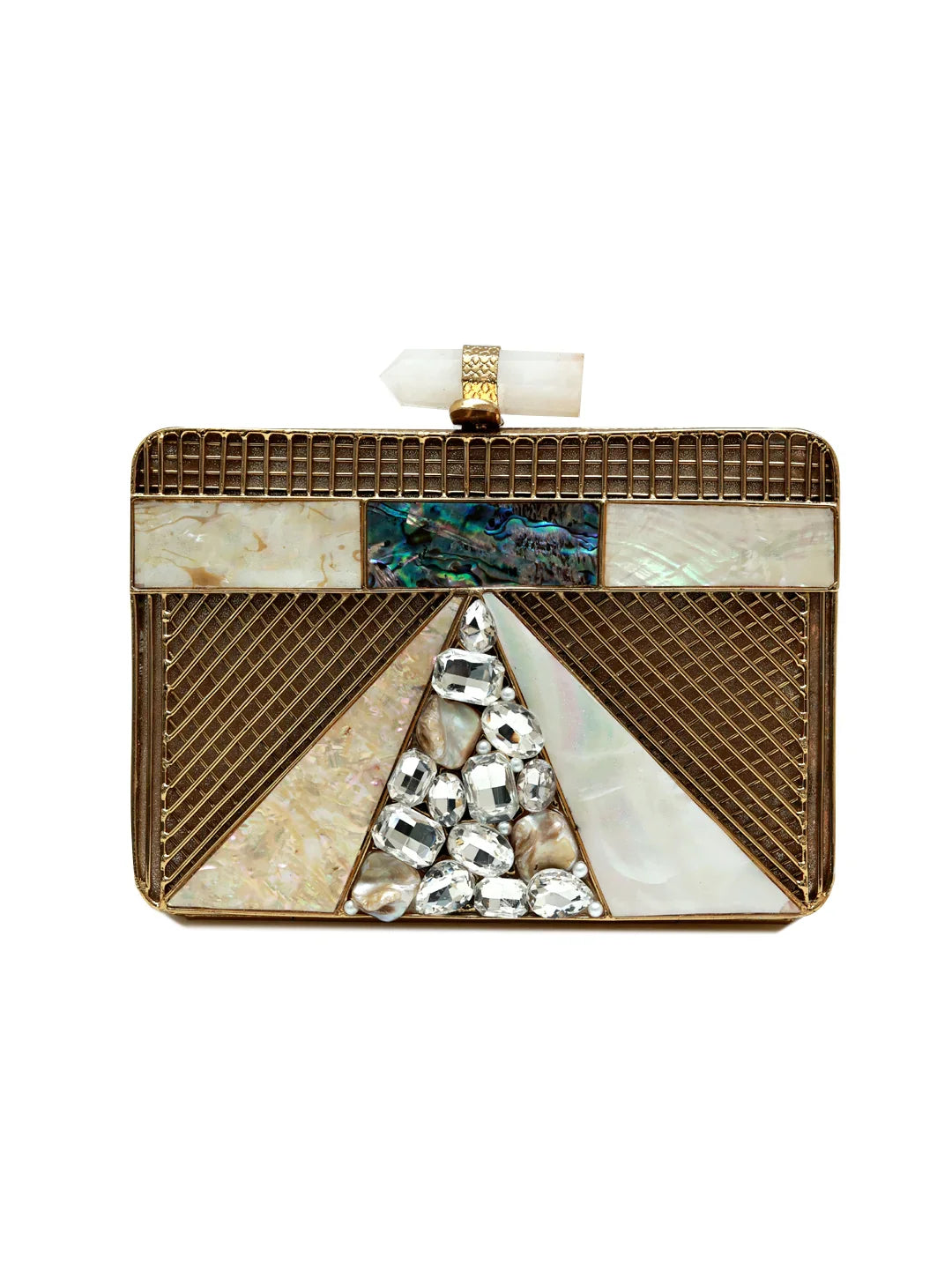Decorative clutch with geometric design and gemstone accents on a white background