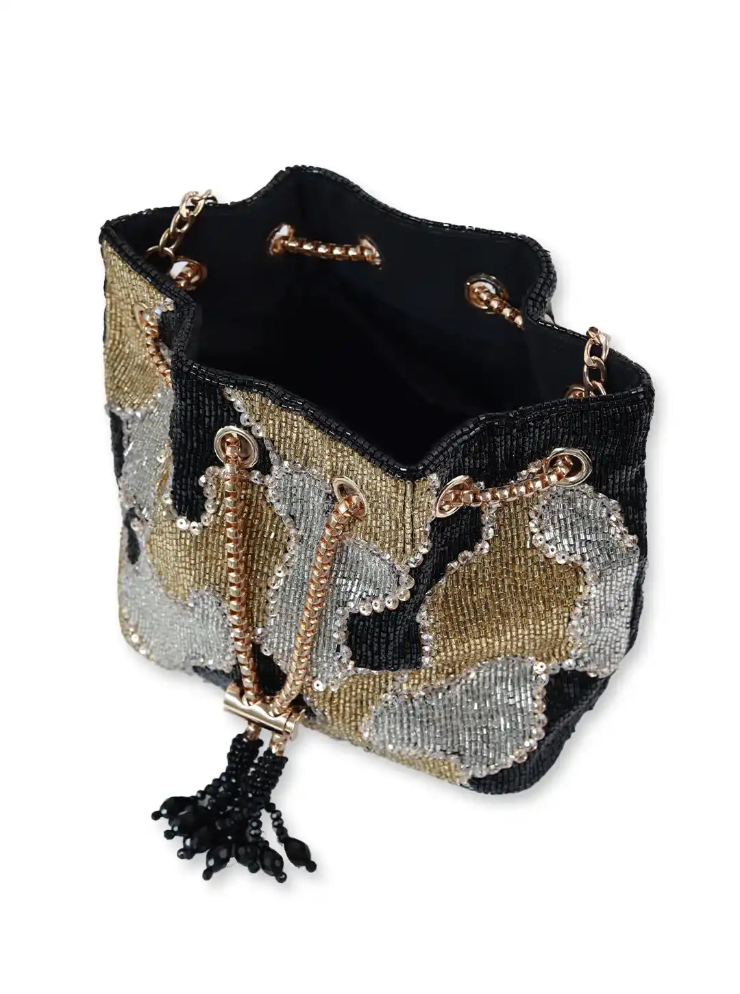Beaded handbag with floral pattern and tassel on a white background