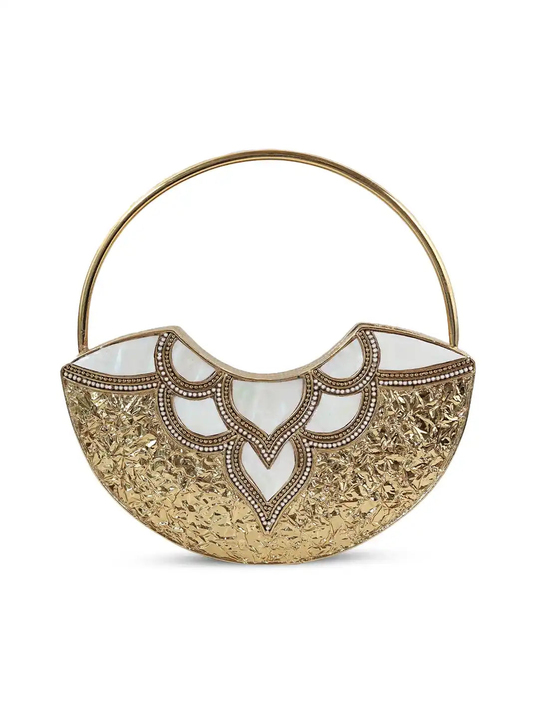 Gold and white handbag with intricate design on a white background