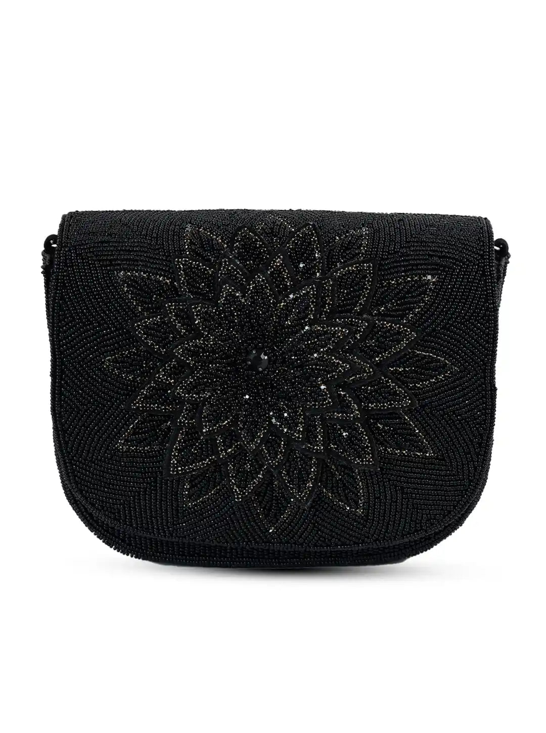 Black beaded handbag with floral design on a white background