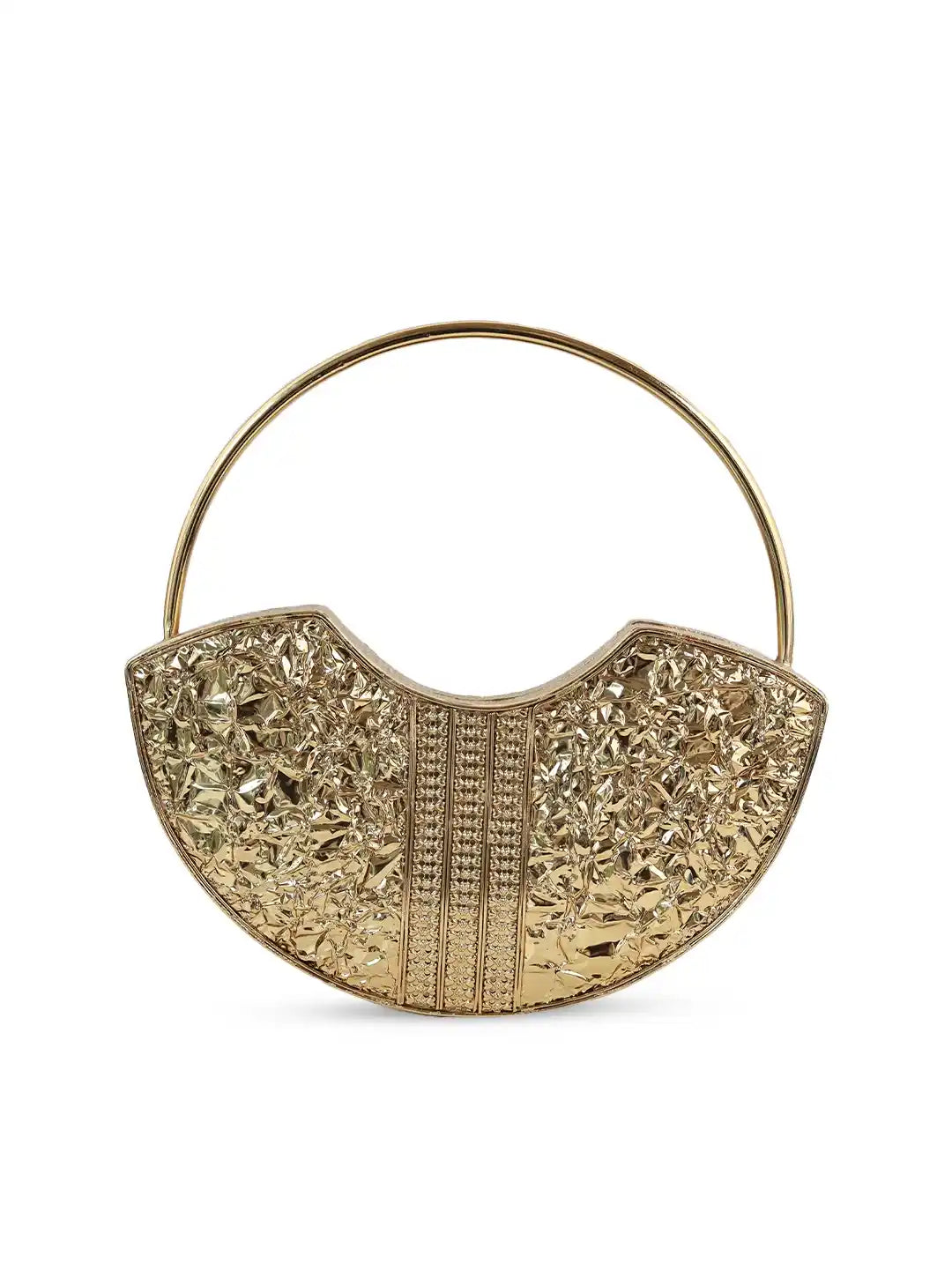 Gold handbag with intricate design on a white background