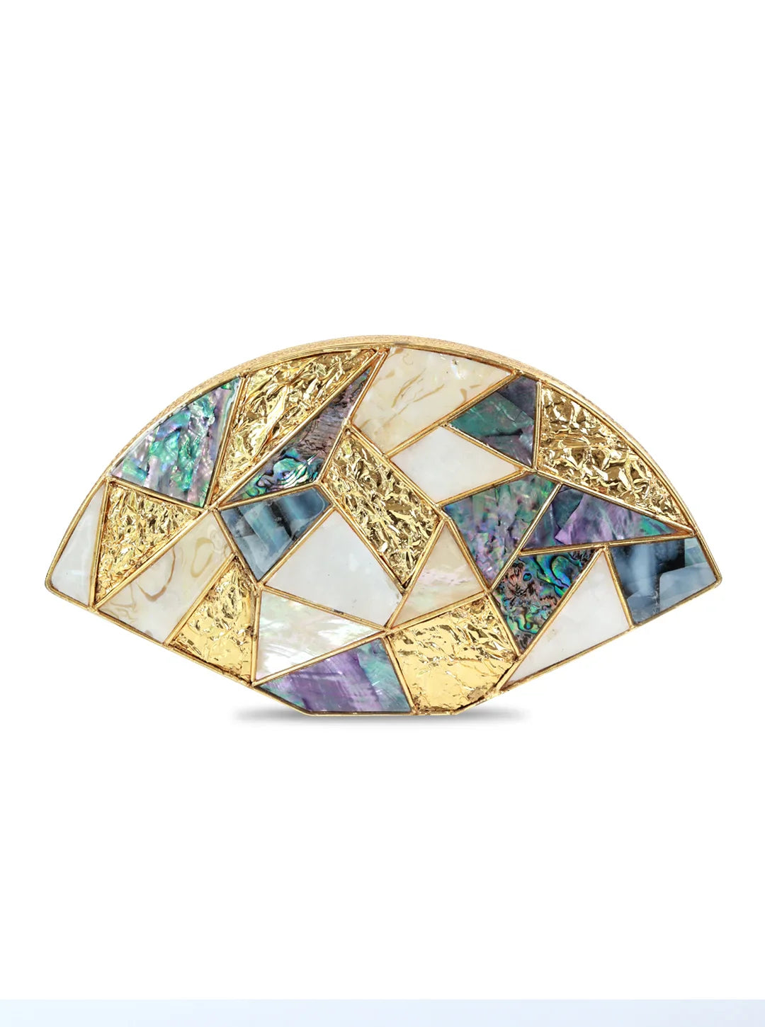 Geometric jewelry piece with gold and multicolored stones on a white background