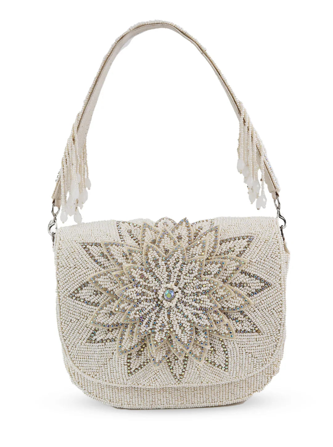 Beaded handbag with a floral design on a white background
