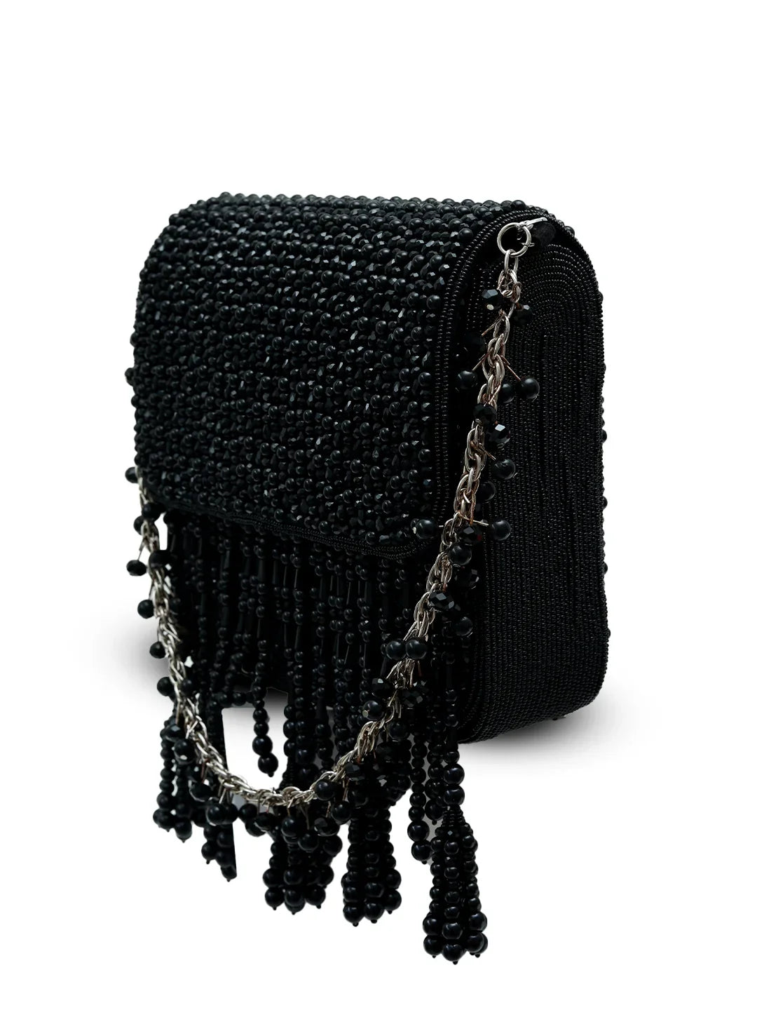 Black beaded handbag with chain detail on a white background