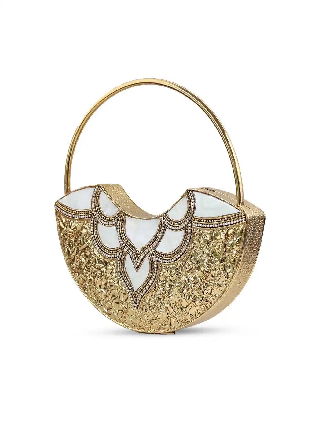 Gold handbag with intricate design on a white background