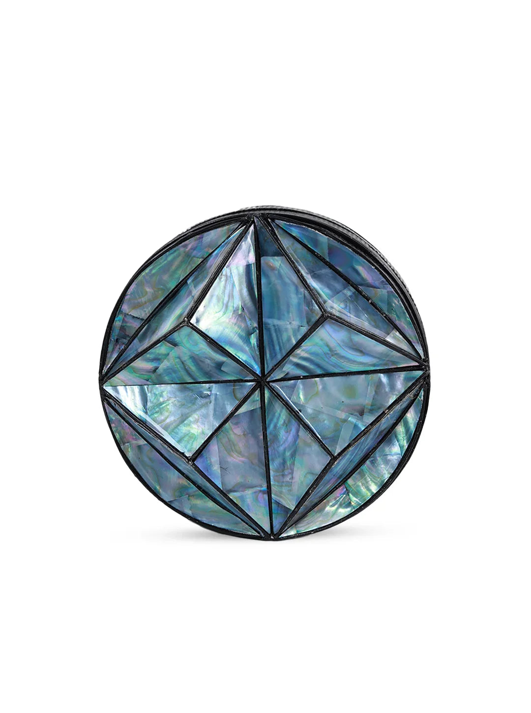 Geometric crystal with iridescent colors on a white background