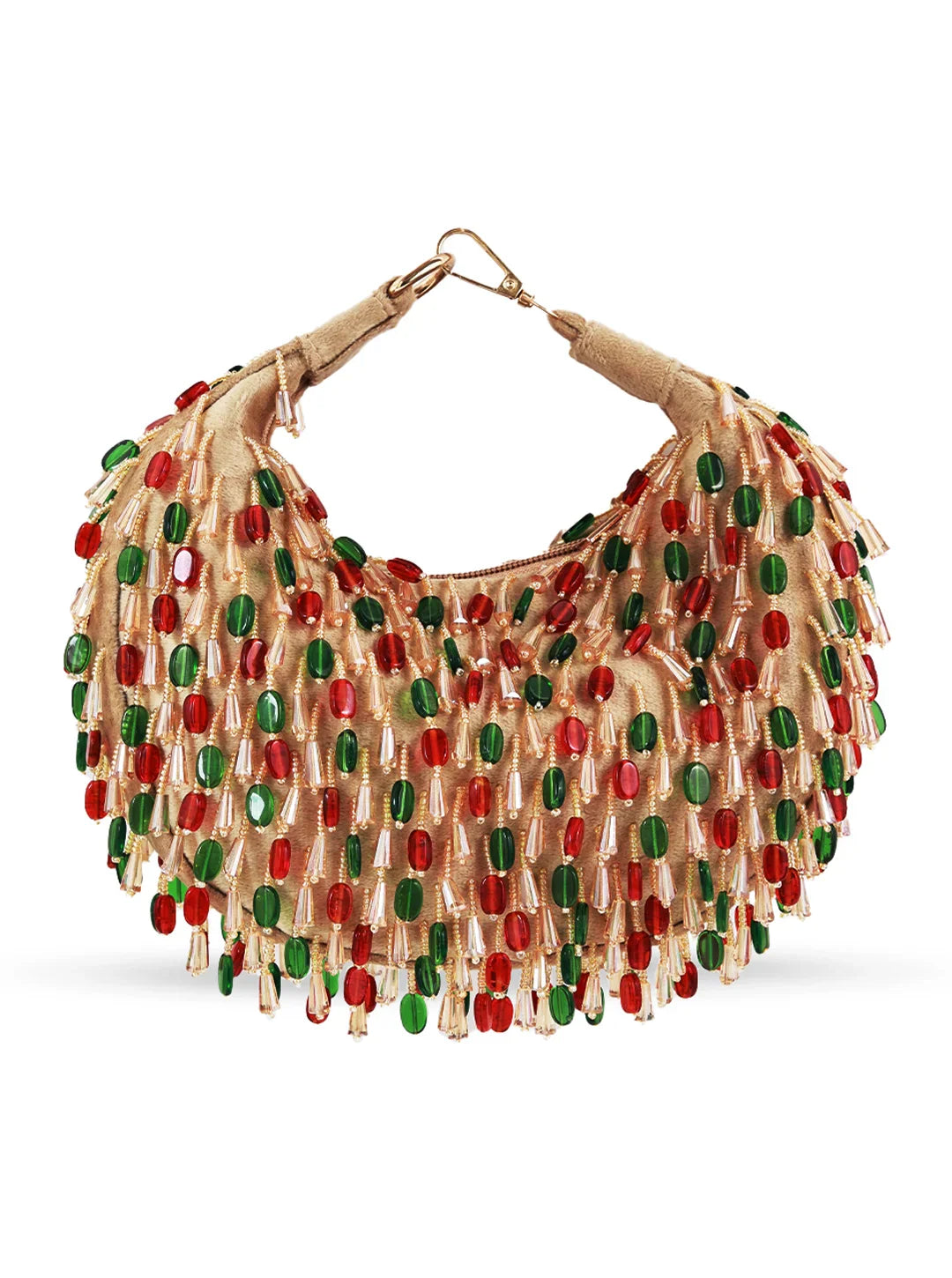 Colorful beaded necklace with a beige strap on a white background