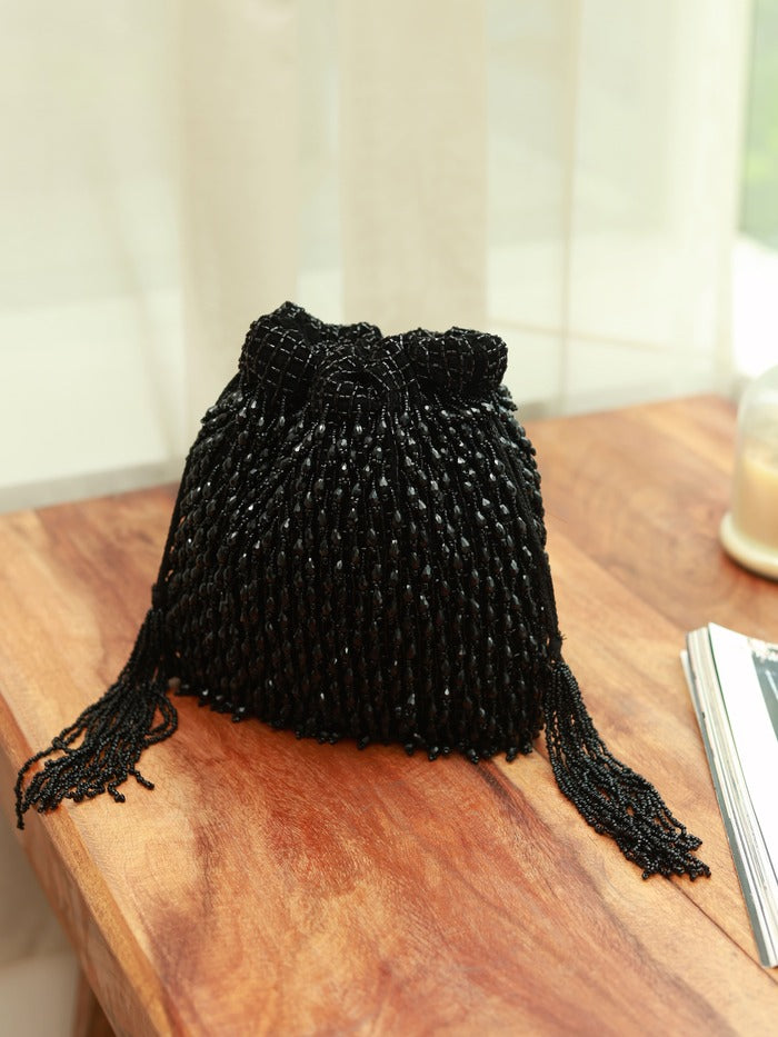 Rosa Black Drawstring Bag with Handle