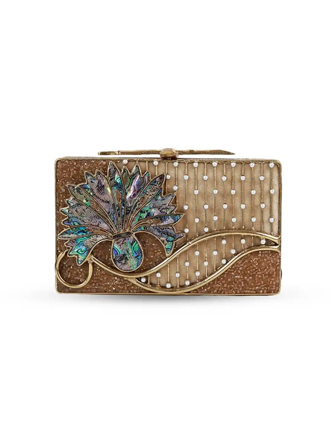 Decorative clutch bag with floral design and beaded details on a white background