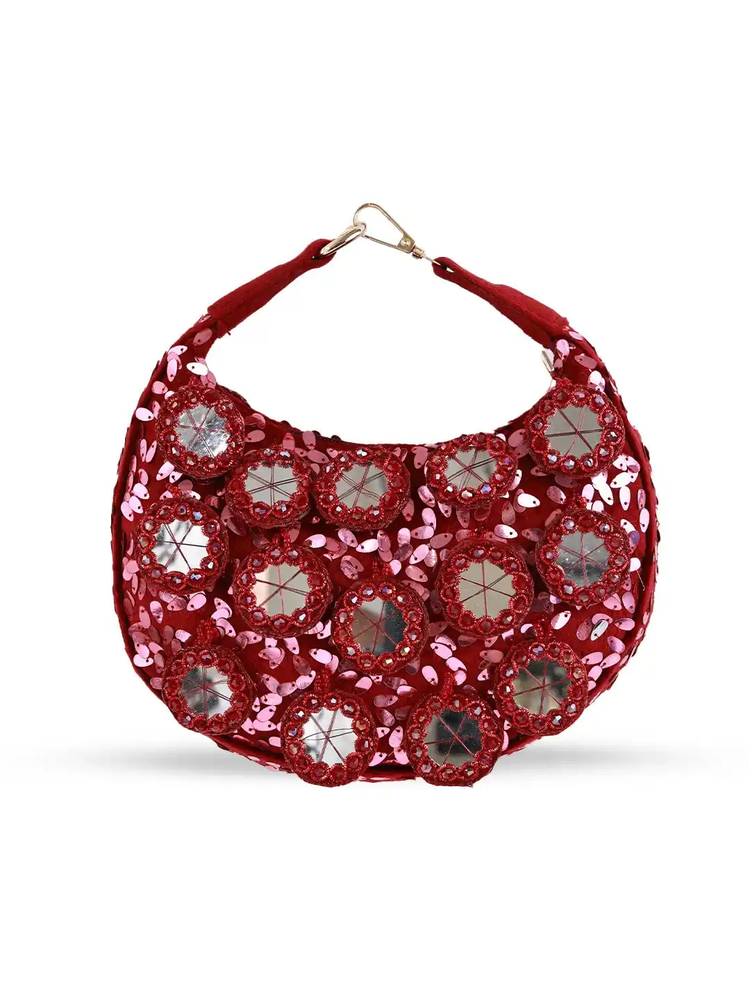 Red handbag with floral pattern on a white background