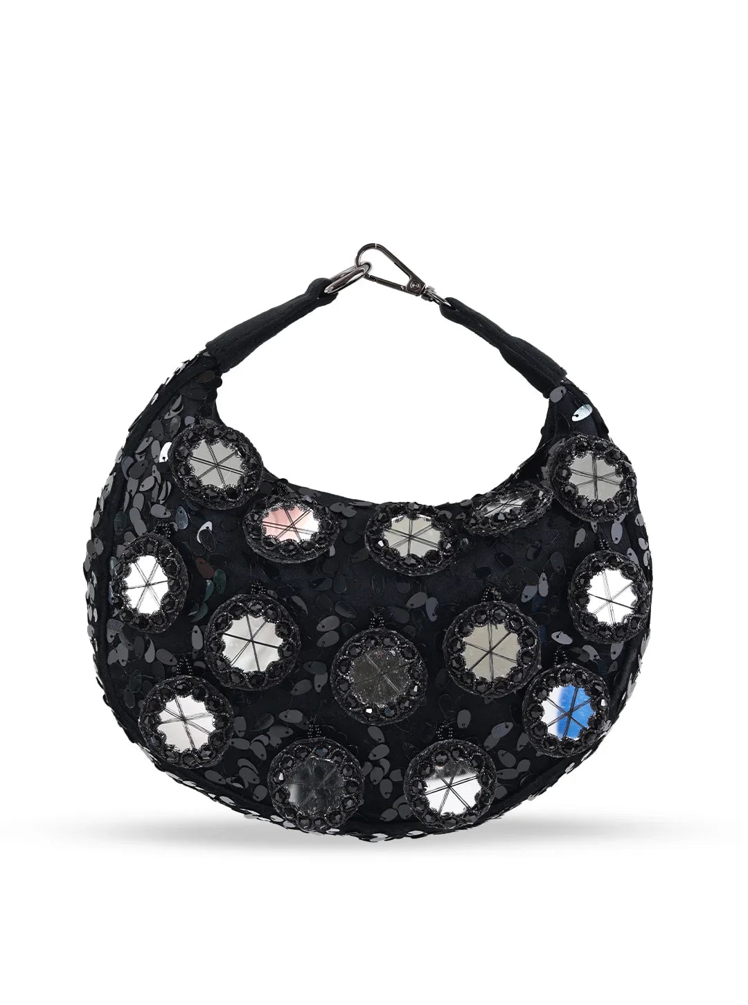 Black handbag with floral patterns on a white background