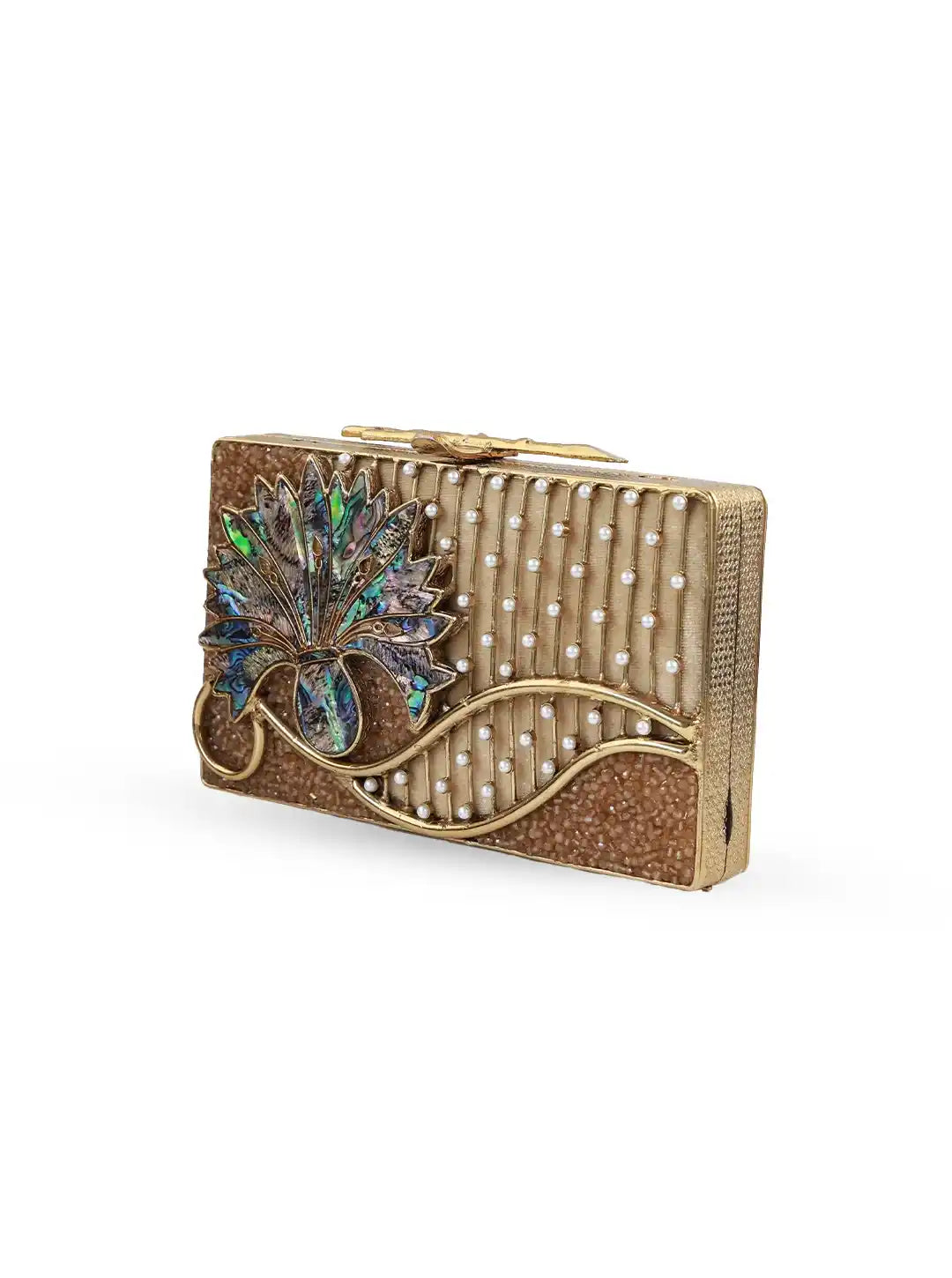 Gold clutch with decorative peacock feather design on a white background