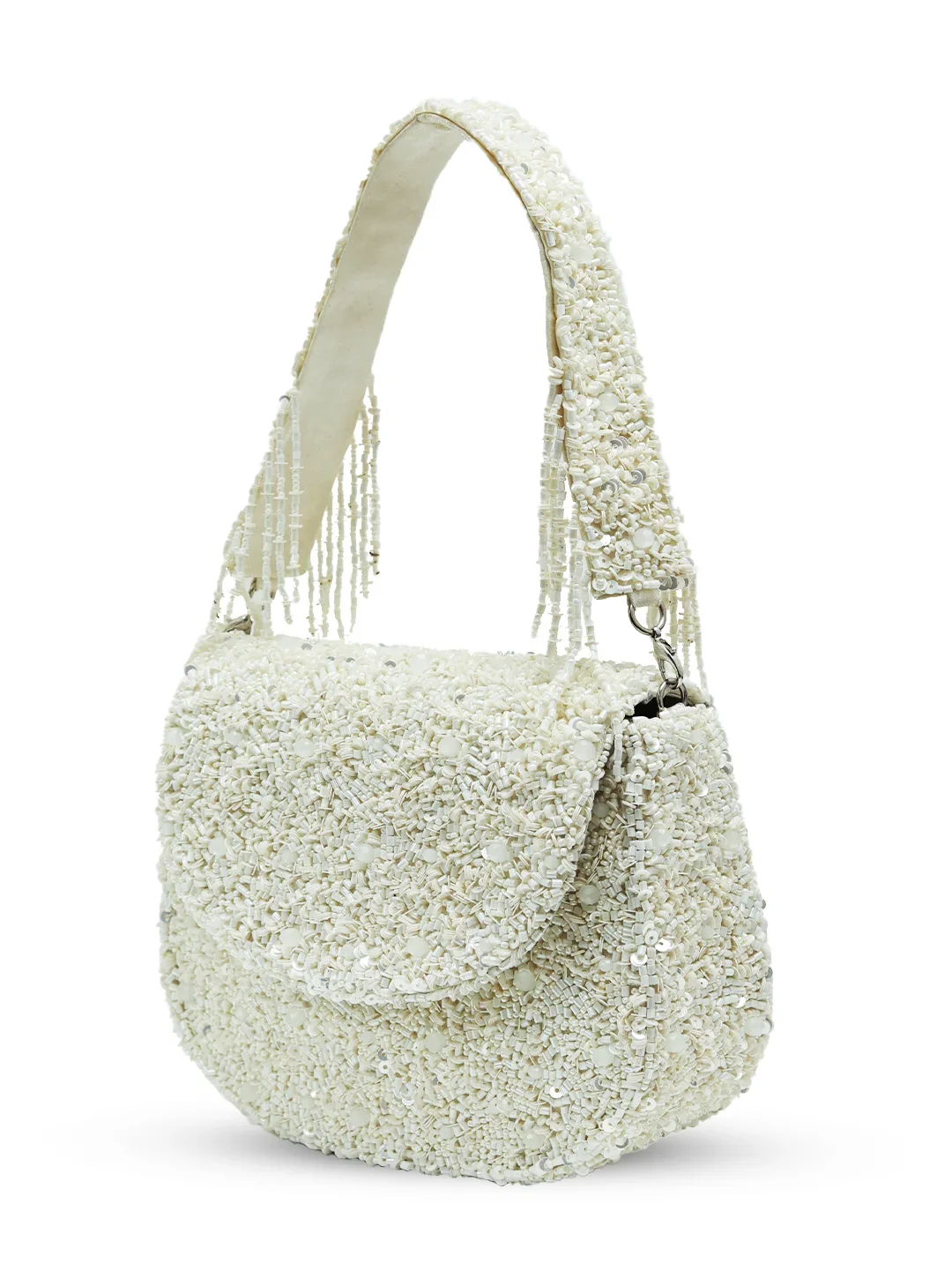 White textured handbag with fringes on a white background