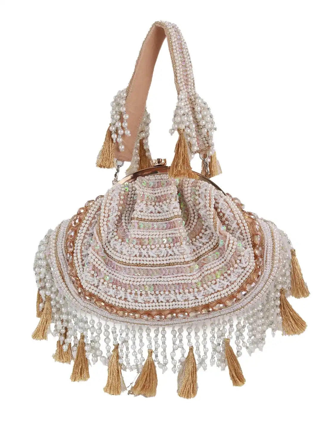 Decorative handbag with beads and tassels on a white background