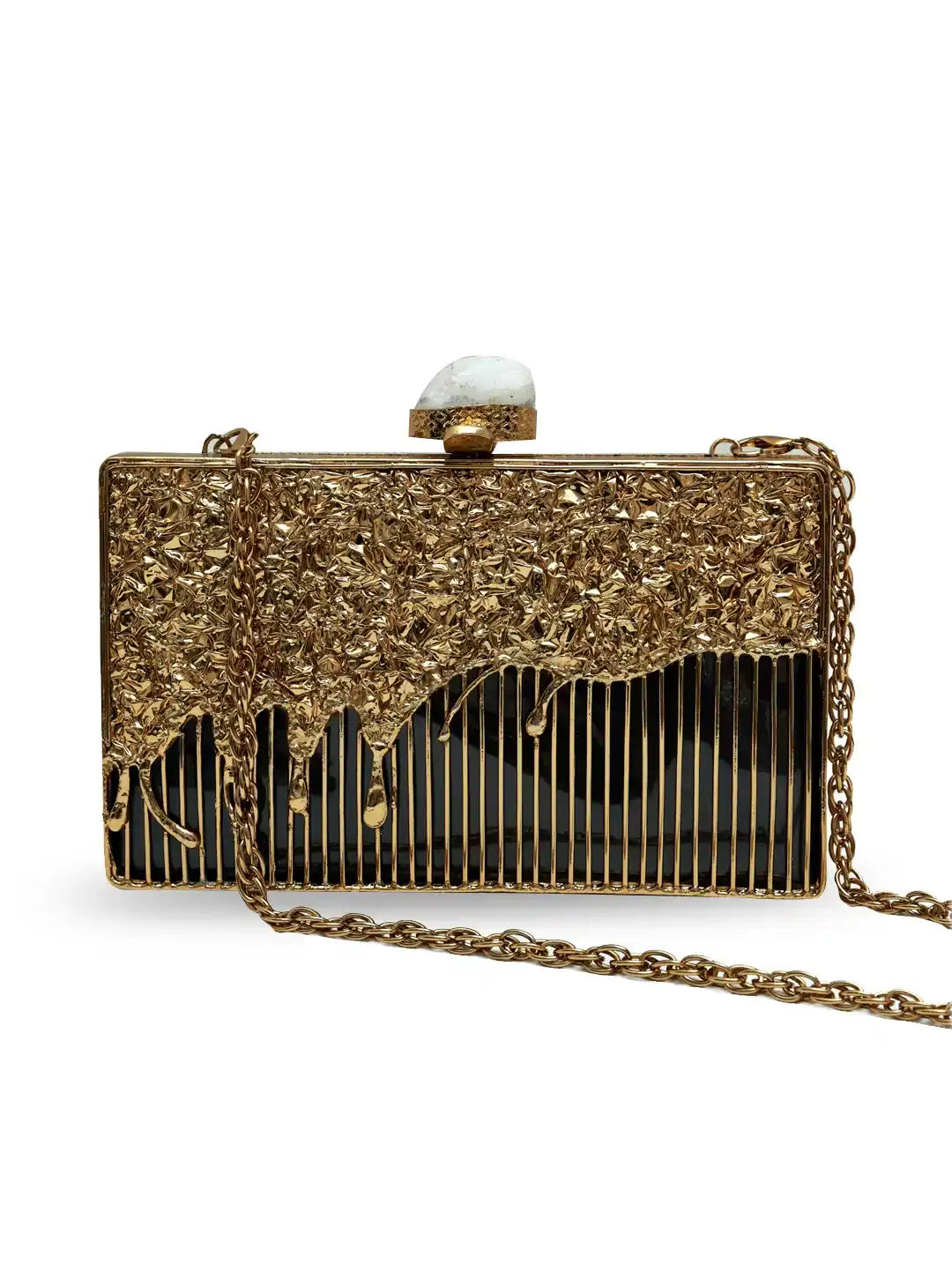 Gold clutch with chain strap on a white background