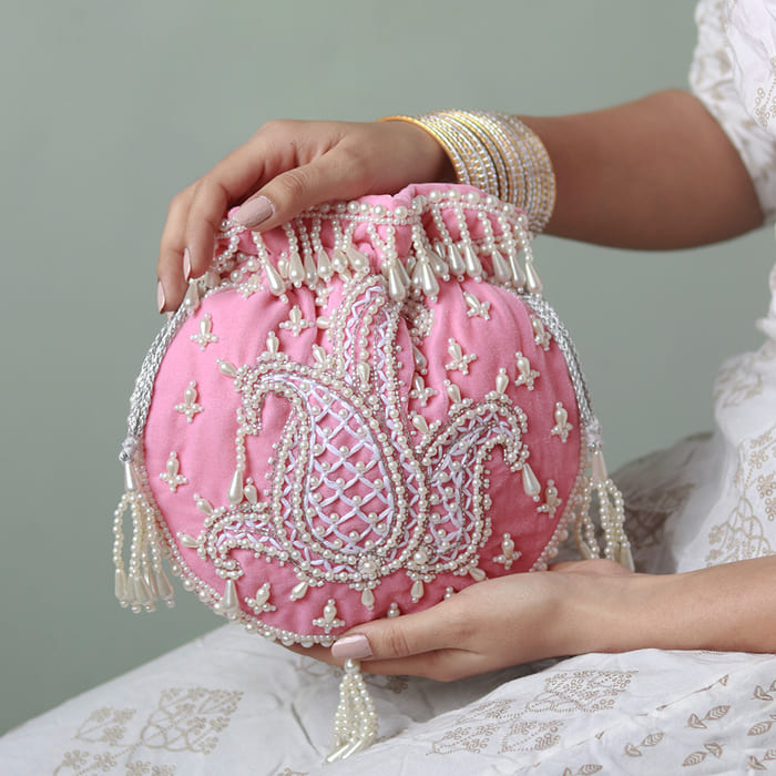 Sukoon Hand Embroidered Potli with Pearl Handle