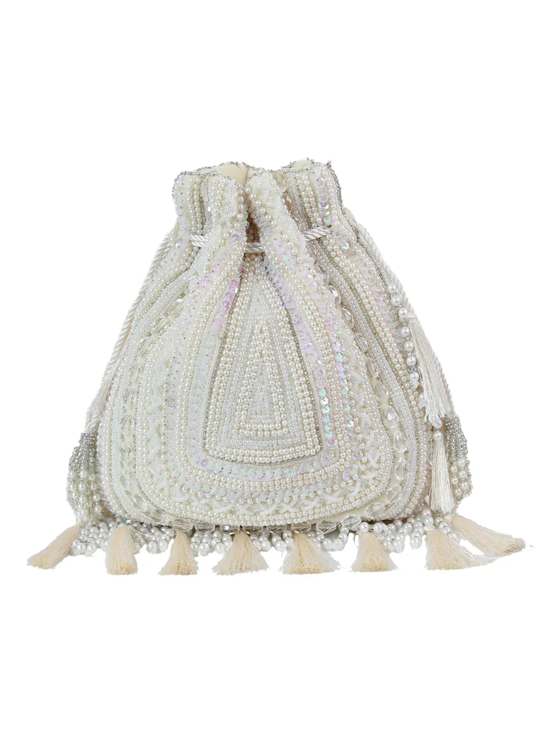 Beaded handbag with tassel details on a white background
