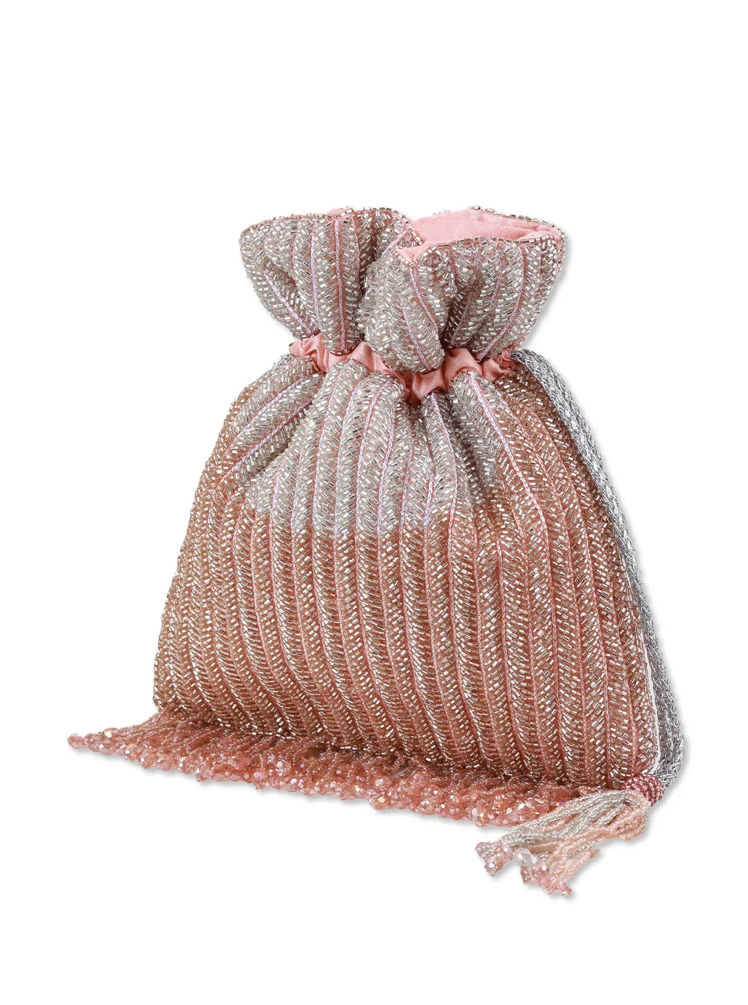 Rose gold glittery drawstring bag on a white background