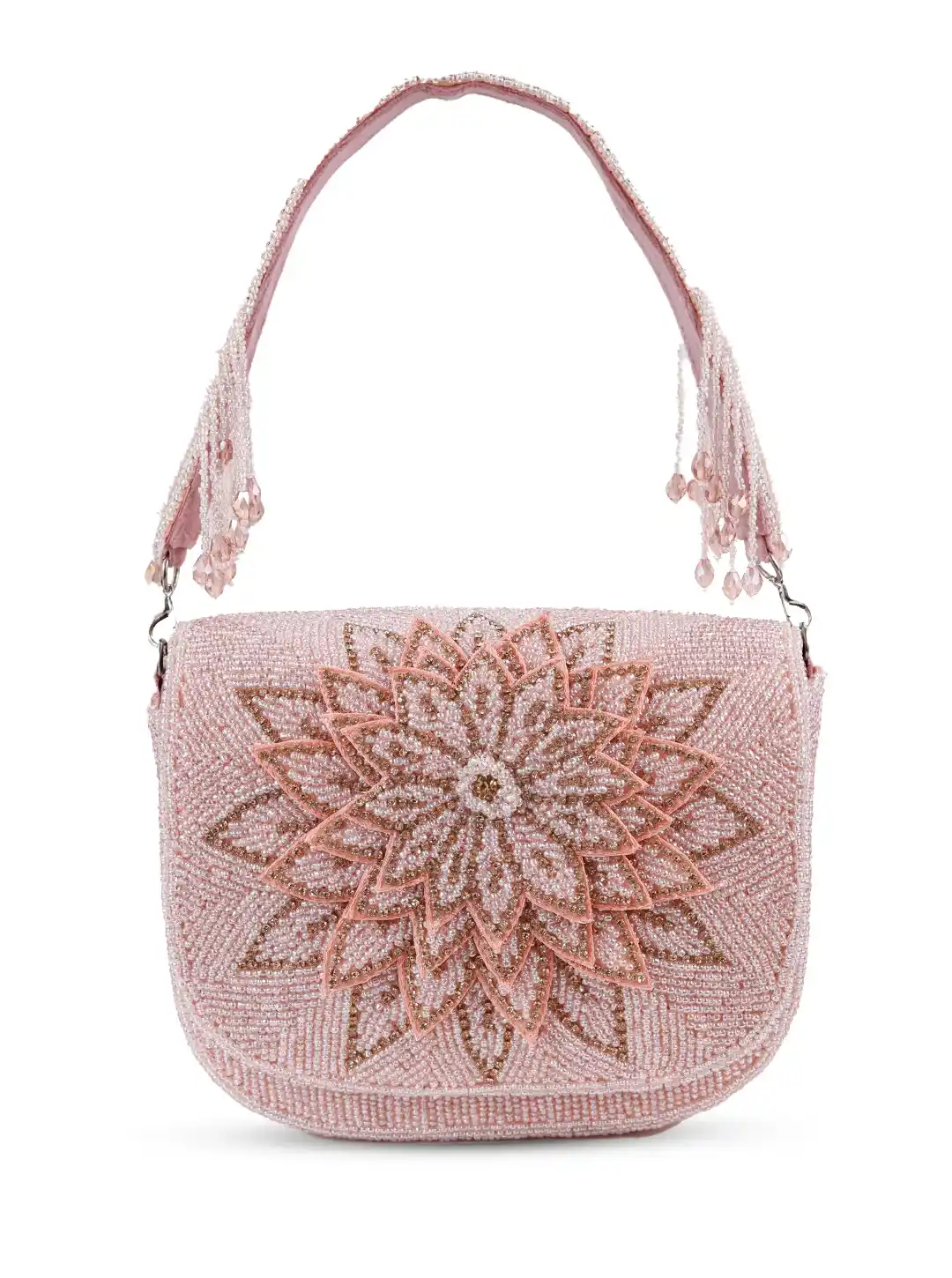 Pink beaded handbag with a floral pattern on a white background