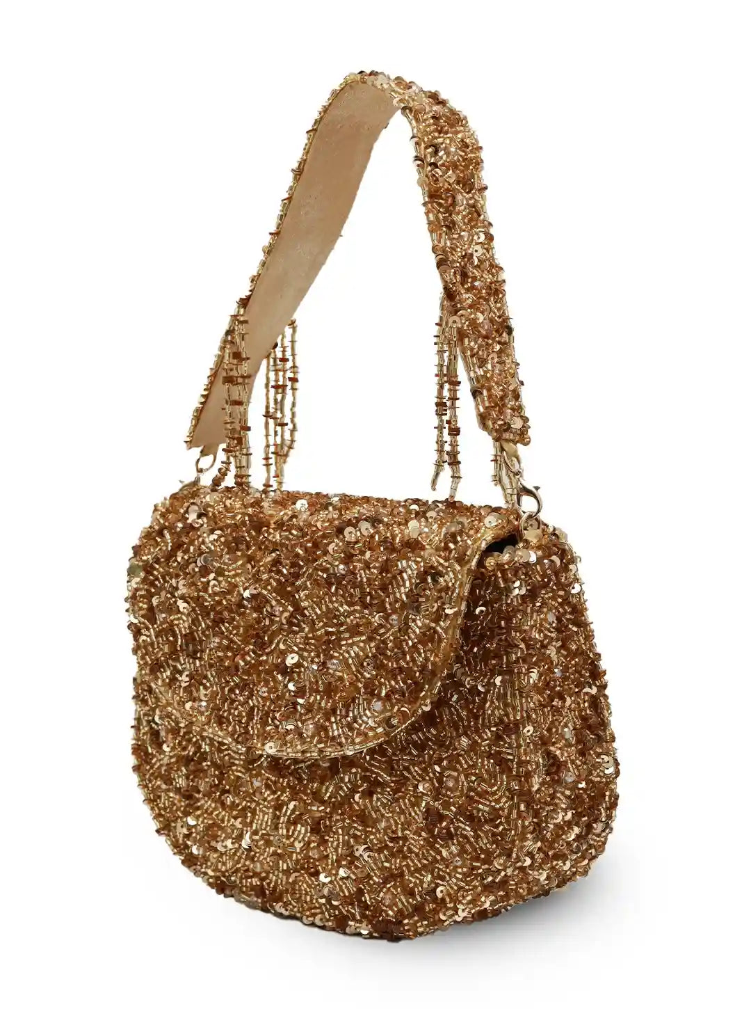 Gold sequin handbag on a white background