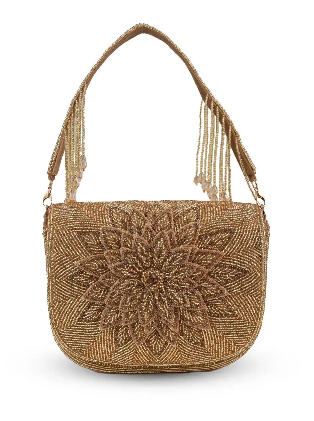 Beaded handbag with floral pattern on a white background