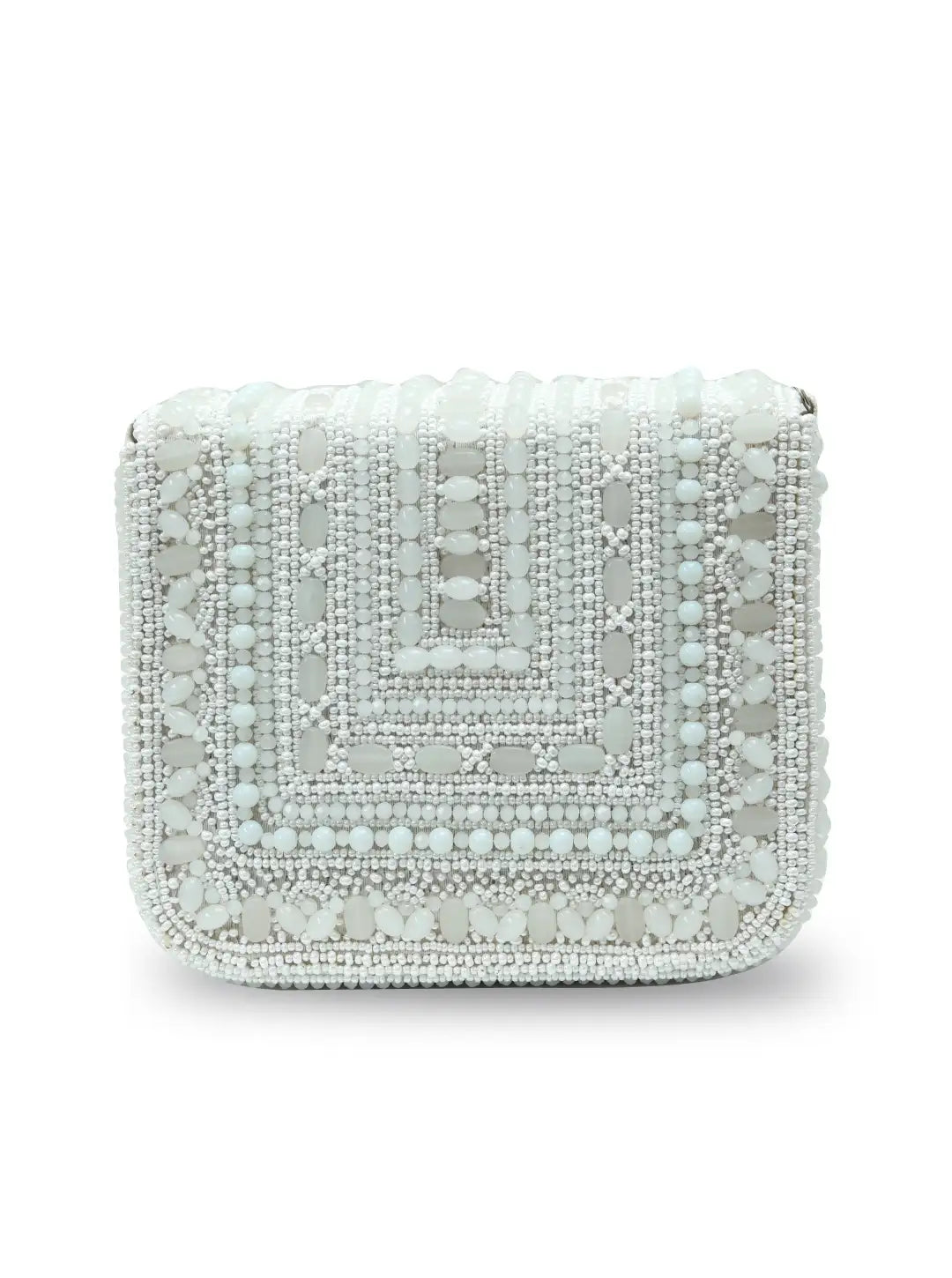 Silver beaded clutch bag on a white background